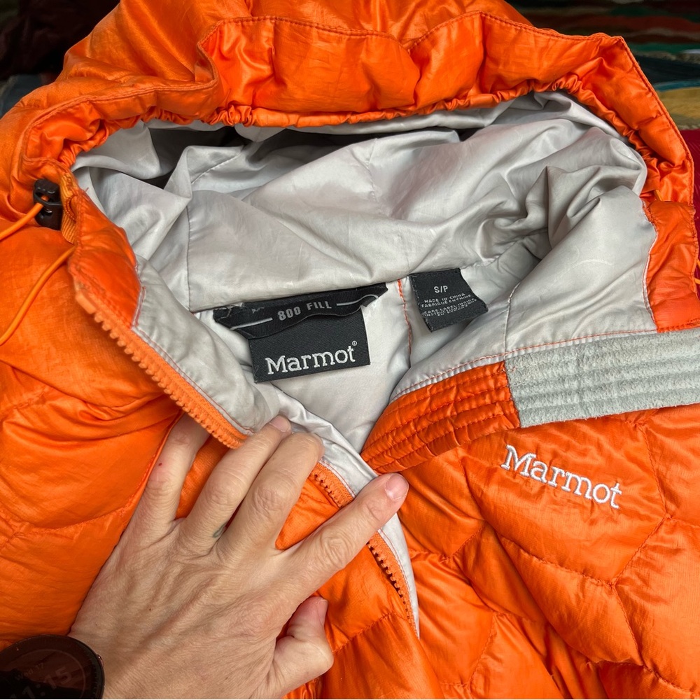 Marmot Orange Puffer Jacket 800 Fill Goose Down women’s small - Picture 3 of 7